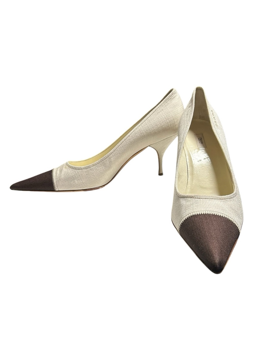 Prada Vintage Canvas Spectator Pumps Pointed Toe Beige Brown Heels 41 US 10.5 - Picture 4 of 12